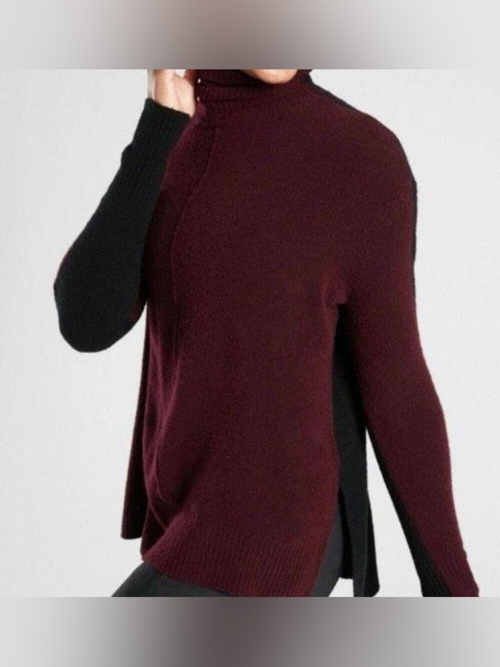 Athleta Merino Wool Blend Turtleneck Sweater Black Maroon Women's Size XS